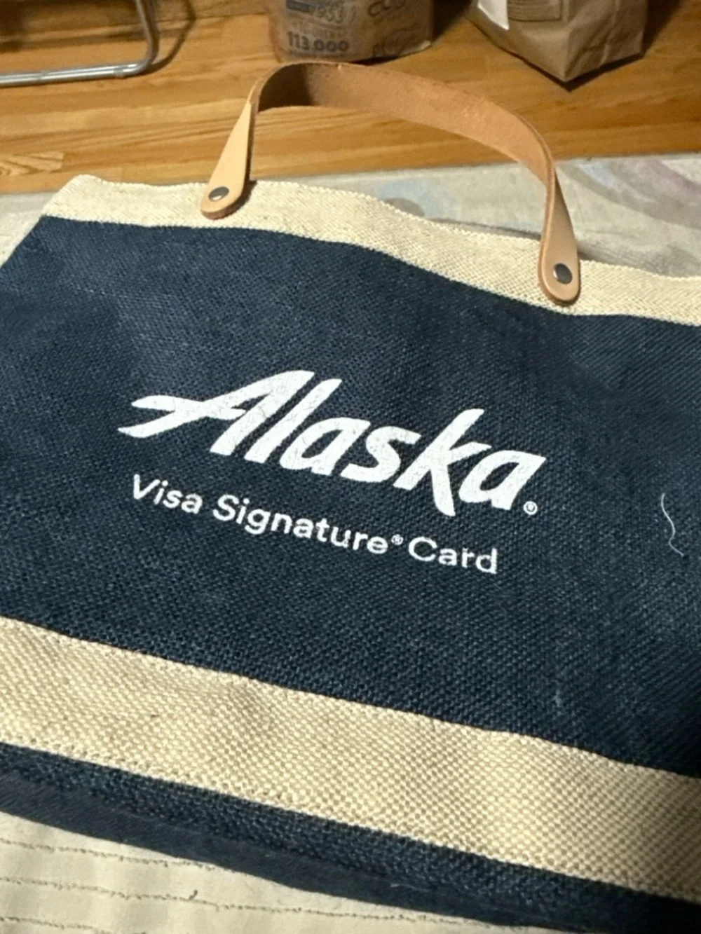 Alaska Branded Navy and Natural Apolis Canvas Tote Bag with Leather Handles